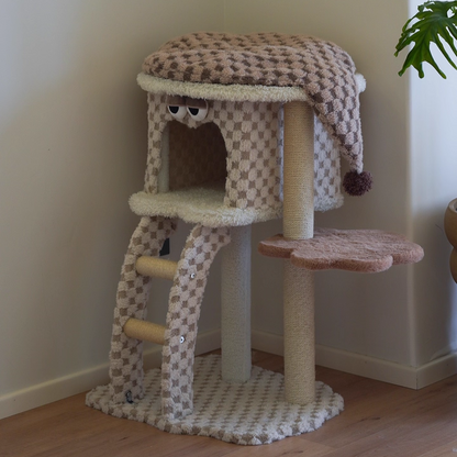 Contemporary Creative Square Particleboard Velvet Fabric Hemp Rope Cat Tree For Living Room