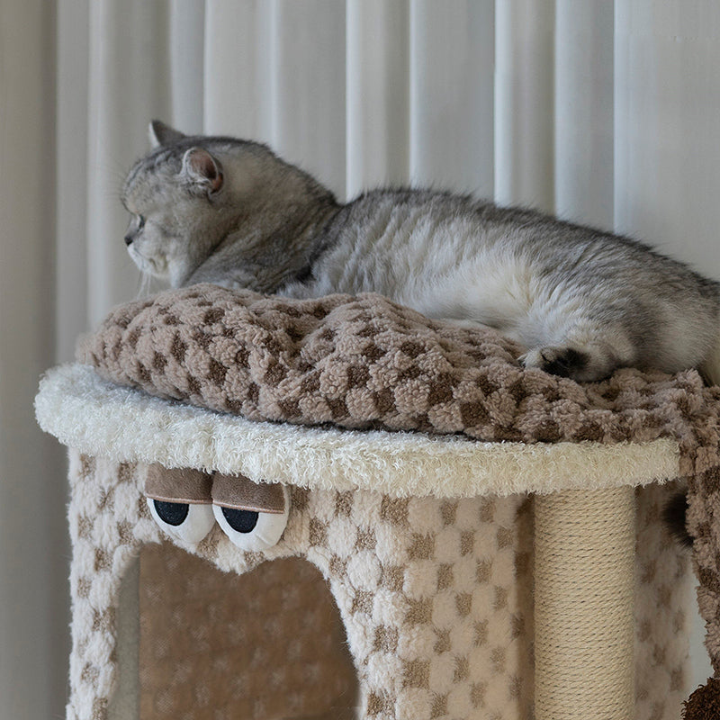 Contemporary Creative Square Particleboard Velvet Fabric Hemp Rope Cat Tree For Living Room