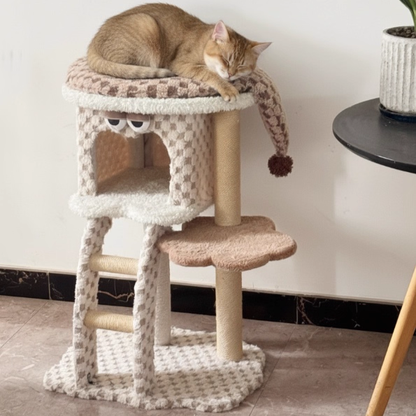 Contemporary Creative Square Particleboard Velvet Fabric Hemp Rope Cat Tree For Living Room