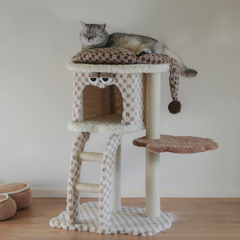 Contemporary Creative Square Particleboard Velvet Fabric Hemp Rope Cat Tree For Living Room