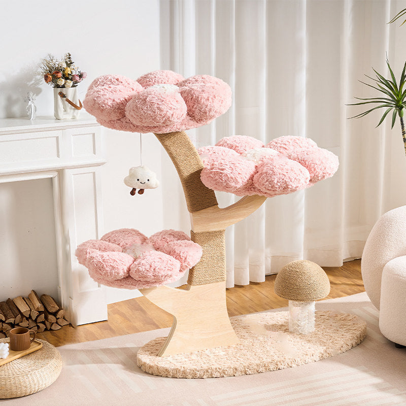 Contemporary Creative Round Multi-layer Solid Wood Panel Medium-Density Fiberboard Velvet Fabric Jute Cat Tree For Living Room