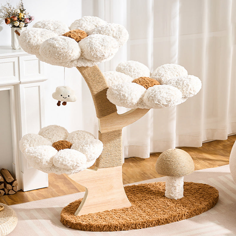 Contemporary Creative Round Multi-layer Solid Wood Panel Medium-Density Fiberboard Velvet Fabric Jute Cat Tree For Living Room