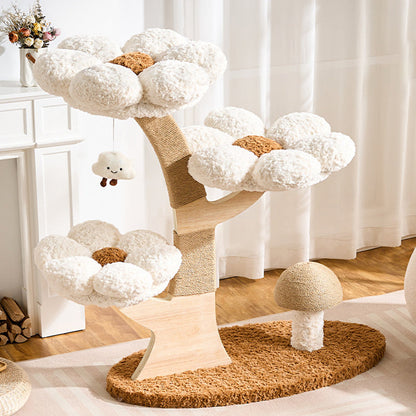 Contemporary Creative Round Multi-layer Solid Wood Panel Medium-Density Fiberboard Velvet Fabric Jute Cat Tree For Living Room