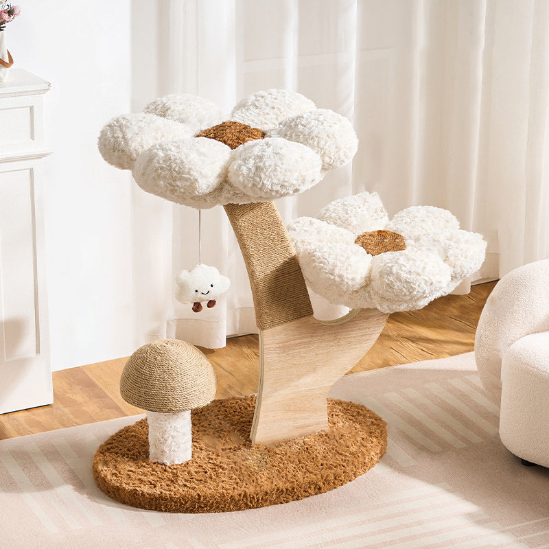 Contemporary Creative Round Multi-layer Solid Wood Panel Medium-Density Fiberboard Velvet Fabric Jute Cat Tree For Living Room