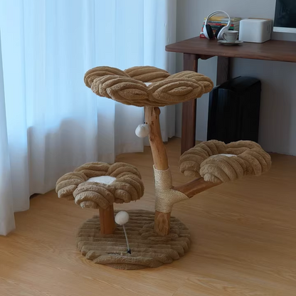 Contemporary Scandinavian Round Medium-Density Fiberboard Natural Fruitwood Velvet Fabric Sisal Jute Cat Tree 3-Tier For Living Room