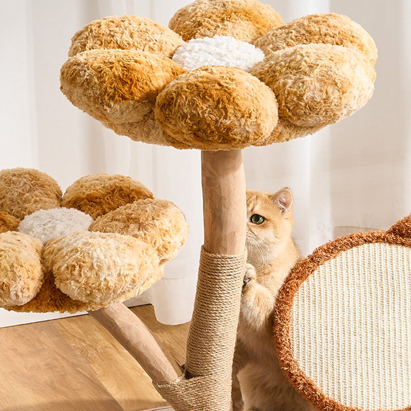 Contemporary Scandinavian Round Medium-Density Fiberboard Natural Fruitwood Velvet Fabric Sisal Jute Cat Tree 3-Tier For Living Room