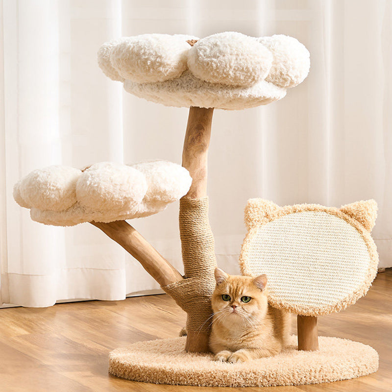 Contemporary Scandinavian Round Medium-Density Fiberboard Natural Fruitwood Velvet Fabric Sisal Jute Cat Tree 3-Tier For Living Room