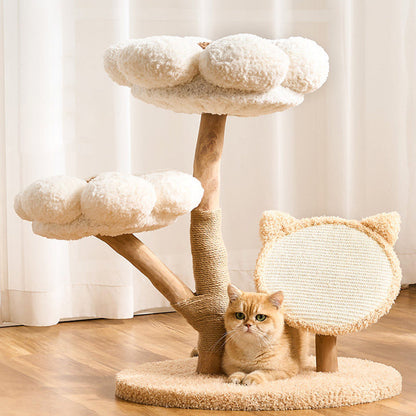 Contemporary Scandinavian Round Medium-Density Fiberboard Natural Fruitwood Velvet Fabric Sisal Jute Cat Tree 3-Tier For Living Room