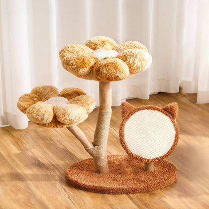 Contemporary Scandinavian Round Medium-Density Fiberboard Natural Fruitwood Velvet Fabric Sisal Jute Cat Tree 3-Tier For Living Room