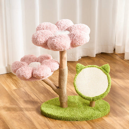 Contemporary Scandinavian Round Medium-Density Fiberboard Natural Fruitwood Velvet Fabric Sisal Jute Cat Tree 3-Tier For Living Room