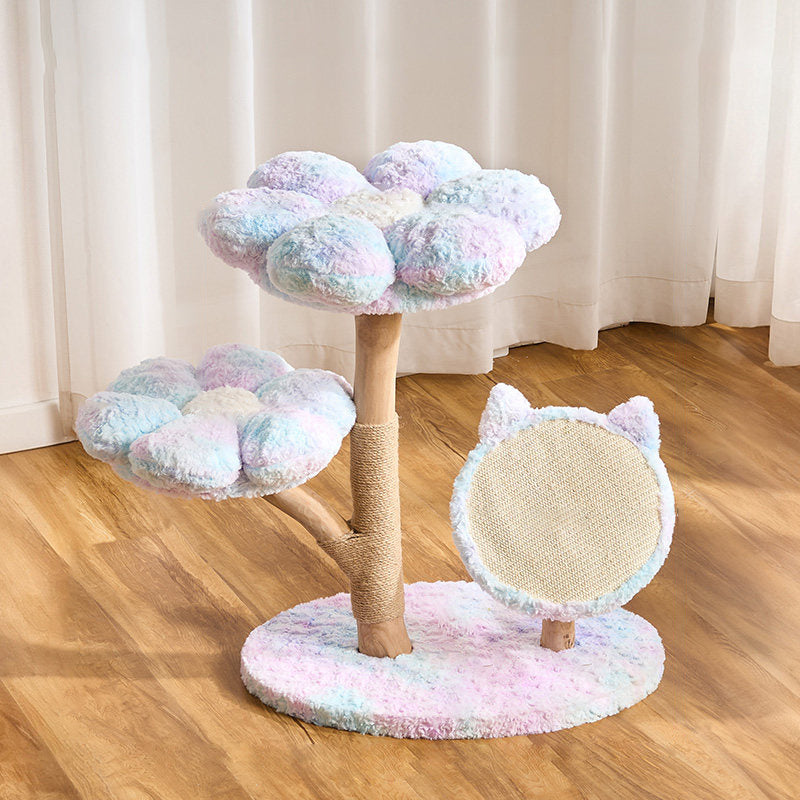 Contemporary Scandinavian Round Medium-Density Fiberboard Natural Fruitwood Velvet Fabric Sisal Jute Cat Tree 3-Tier For Living Room
