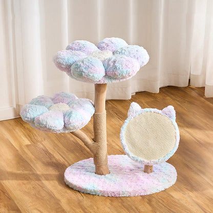 Contemporary Scandinavian Round Medium-Density Fiberboard Natural Fruitwood Velvet Fabric Sisal Jute Cat Tree 3-Tier For Living Room