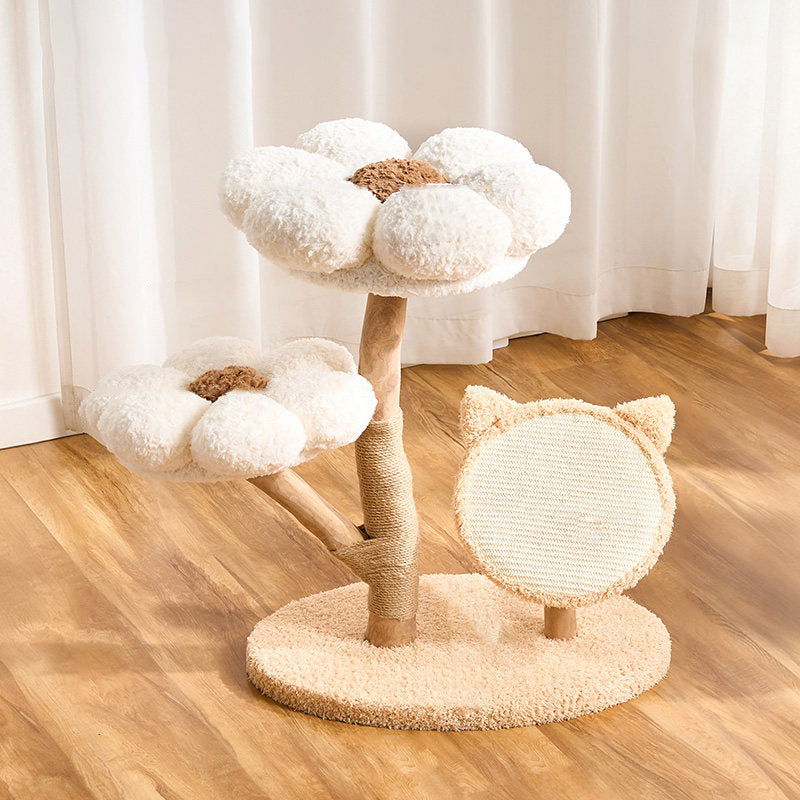 Contemporary Scandinavian Round Medium-Density Fiberboard Natural Fruitwood Velvet Fabric Sisal Jute Cat Tree 3-Tier For Living Room