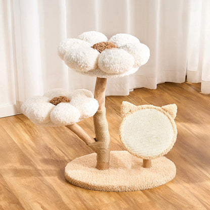 Contemporary Scandinavian Round Medium-Density Fiberboard Natural Fruitwood Velvet Fabric Sisal Jute Cat Tree 3-Tier For Living Room