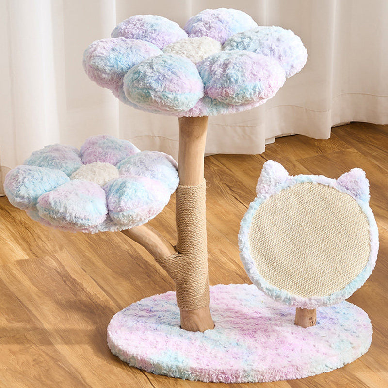 Contemporary Scandinavian Round Medium-Density Fiberboard Natural Fruitwood Velvet Fabric Sisal Jute Cat Tree 3-Tier For Living Room
