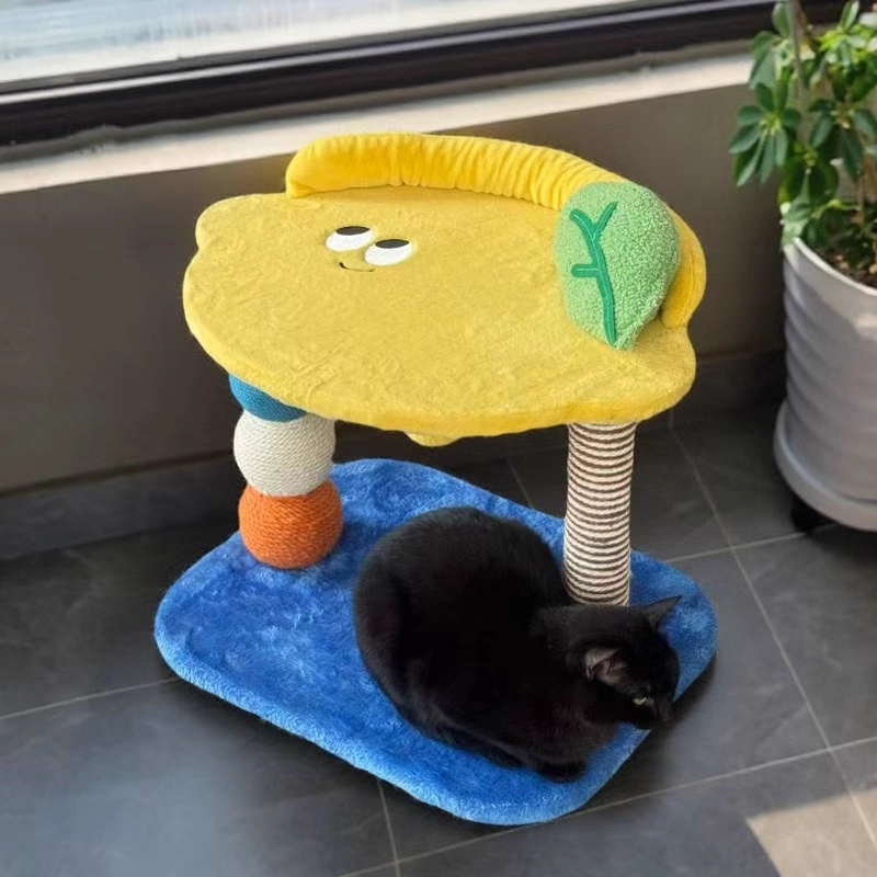 Contemporary Creative Round Particleboard Velvet Fabric Hemp Rope Paper Tube Fruit-Themed Cat Tree For Living Room
