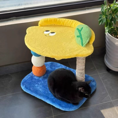 Contemporary Creative Round Particleboard Velvet Fabric Hemp Rope Paper Tube Fruit-Themed Cat Tree For Living Room