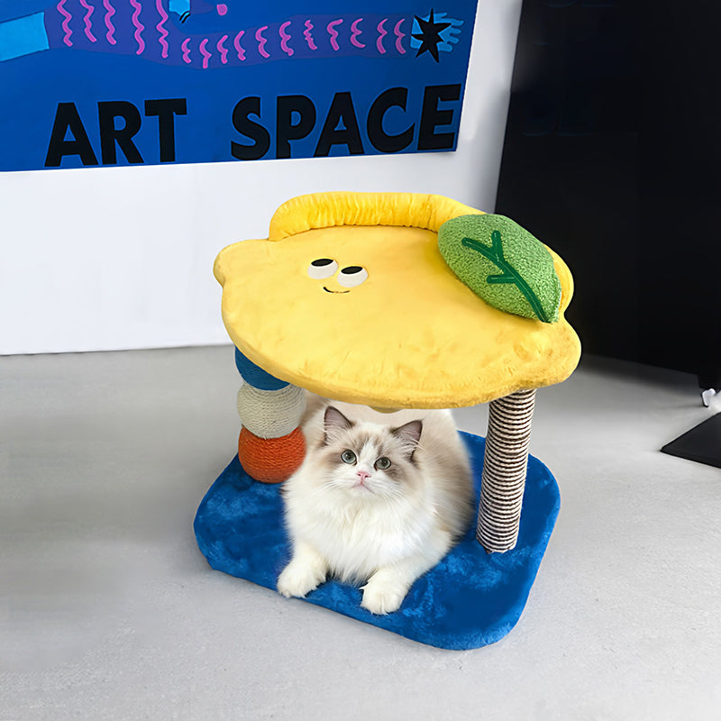 Contemporary Creative Round Particleboard Velvet Fabric Hemp Rope Paper Tube Fruit-Themed Cat Tree For Living Room