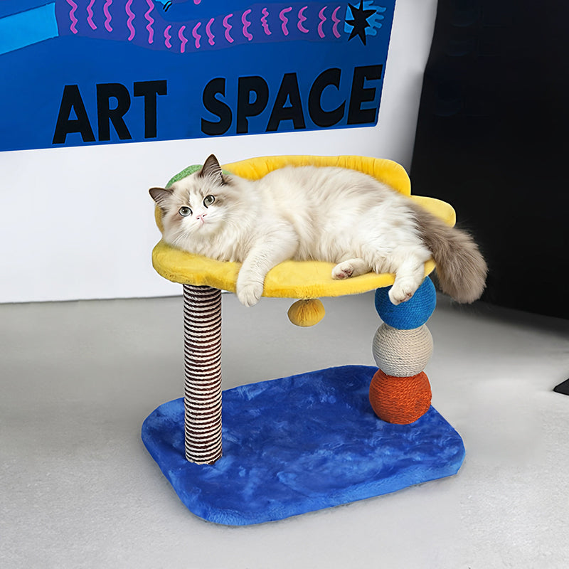 Contemporary Creative Round Particleboard Velvet Fabric Hemp Rope Paper Tube Fruit-Themed Cat Tree For Living Room