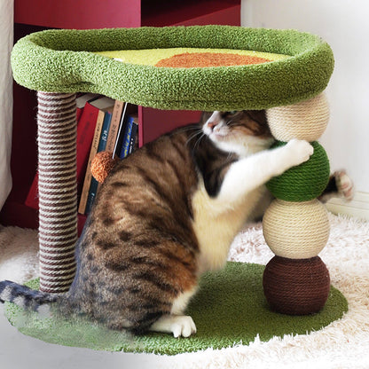 Contemporary Creative Round Particleboard Velvet Fabric Hemp Rope Paper Tube Fruit-Themed Cat Tree For Living Room