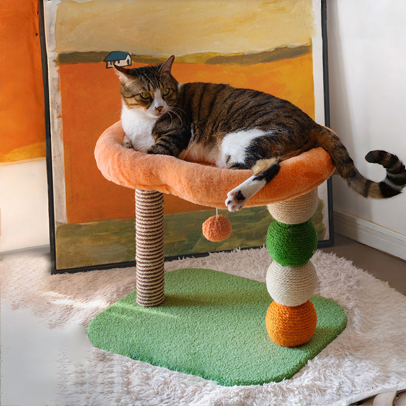 Contemporary Creative Round Particleboard Velvet Fabric Hemp Rope Paper Tube Fruit-Themed Cat Tree For Living Room