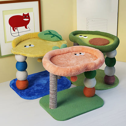 Contemporary Creative Round Particleboard Velvet Fabric Hemp Rope Paper Tube Fruit-Themed Cat Tree For Living Room