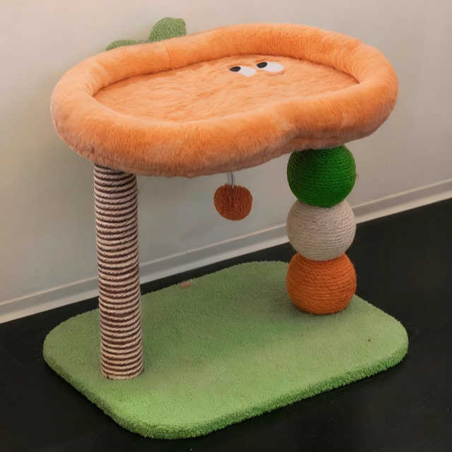 Contemporary Creative Round Particleboard Velvet Fabric Hemp Rope Paper Tube Fruit-Themed Cat Tree For Living Room