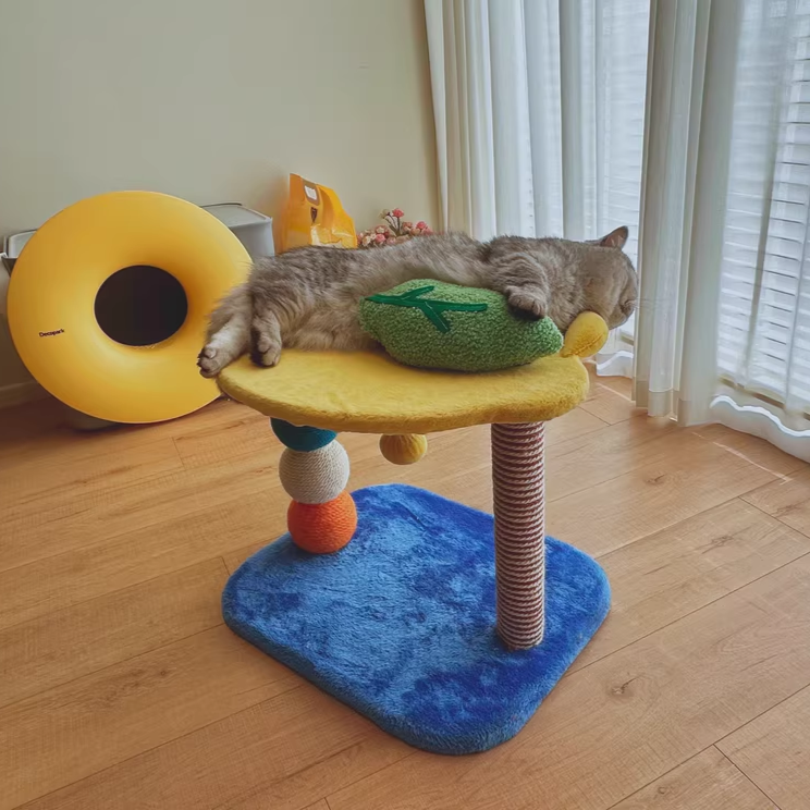 Contemporary Creative Round Particleboard Velvet Fabric Hemp Rope Paper Tube Fruit-Themed Cat Tree For Living Room
