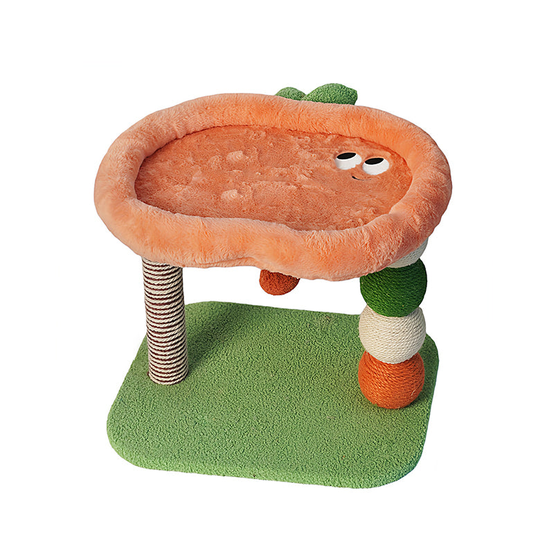 Contemporary Creative Round Particleboard Velvet Fabric Hemp Rope Paper Tube Fruit-Themed Cat Tree For Living Room
