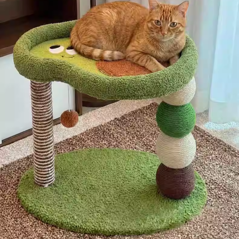 Contemporary Creative Round Particleboard Velvet Fabric Hemp Rope Paper Tube Fruit-Themed Cat Tree For Living Room