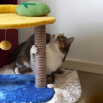 Contemporary Creative Round Particleboard Velvet Fabric Hemp Rope Paper Tube Fruit-Themed Cat Tree For Living Room