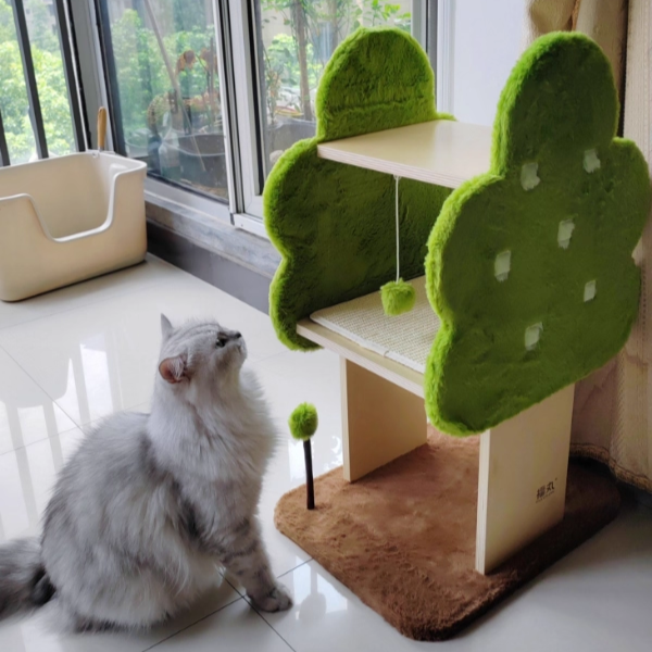 Contemporary Creative Rectangular Medium-Density Fiberboard Velvet Fabric Jute Tree-Shaped Cat Tree For Living Room