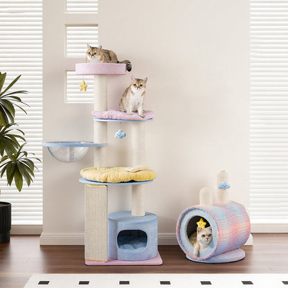 Contemporary Creative Round Particleboard Multi-layer Solid Wood Panel Velvet Fabric Paper Rope Sisal Cat Tree 5-Tier For Living Room