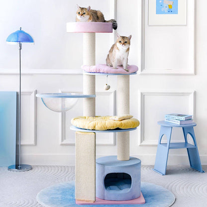 Contemporary Creative Round Particleboard Multi-layer Solid Wood Panel Velvet Fabric Paper Rope Sisal Cat Tree 5-Tier For Living Room