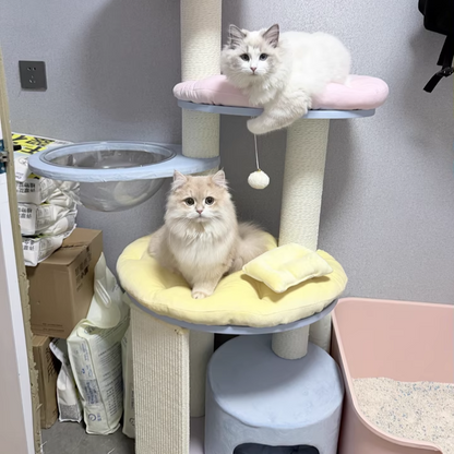 Contemporary Creative Round Particleboard Multi-layer Solid Wood Panel Velvet Fabric Paper Rope Sisal Cat Tree 5-Tier For Living Room