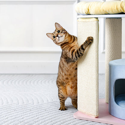 Contemporary Creative Round Particleboard Multi-layer Solid Wood Panel Velvet Fabric Paper Rope Sisal Cat Tree 5-Tier For Living Room