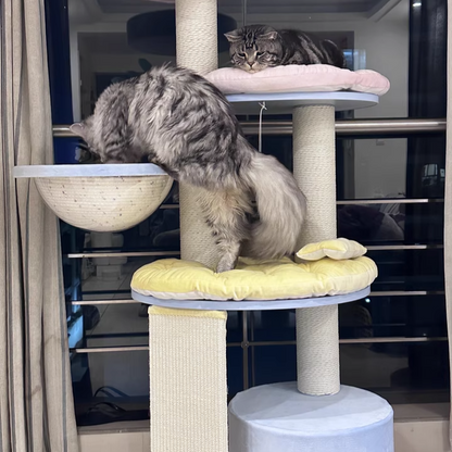 Contemporary Creative Round Particleboard Multi-layer Solid Wood Panel Velvet Fabric Paper Rope Sisal Cat Tree 5-Tier For Living Room