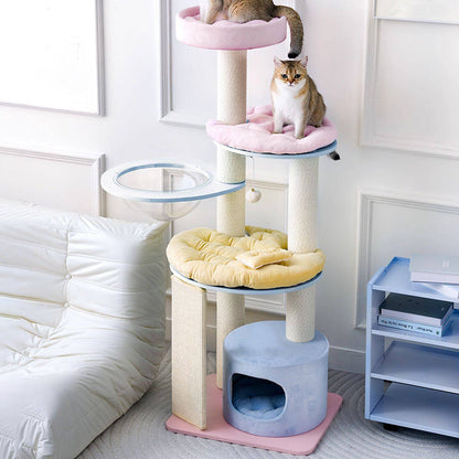 Contemporary Creative Round Particleboard Multi-layer Solid Wood Panel Velvet Fabric Paper Rope Sisal Cat Tree 5-Tier For Living Room