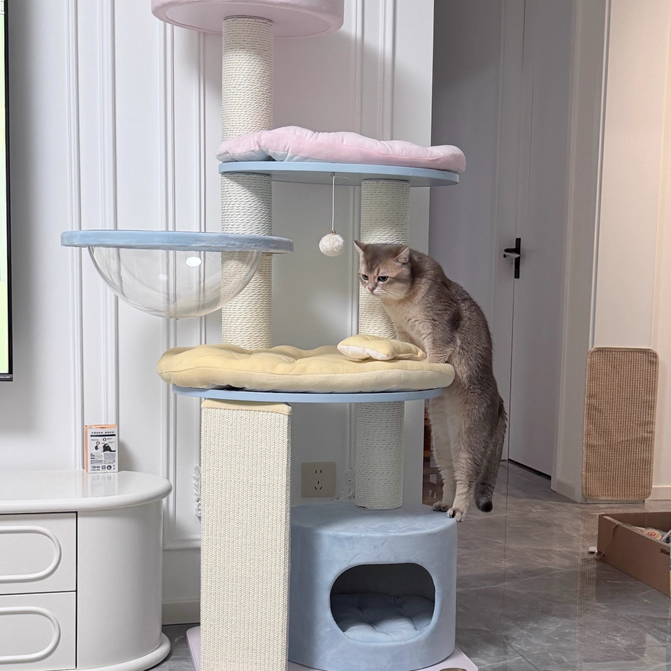 Contemporary Creative Round Particleboard Multi-layer Solid Wood Panel Velvet Fabric Paper Rope Sisal Cat Tree 5-Tier For Living Room