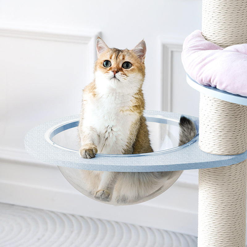 Contemporary Creative Round Particleboard Multi-layer Solid Wood Panel Velvet Fabric Paper Rope Sisal Cat Tree 5-Tier For Living Room