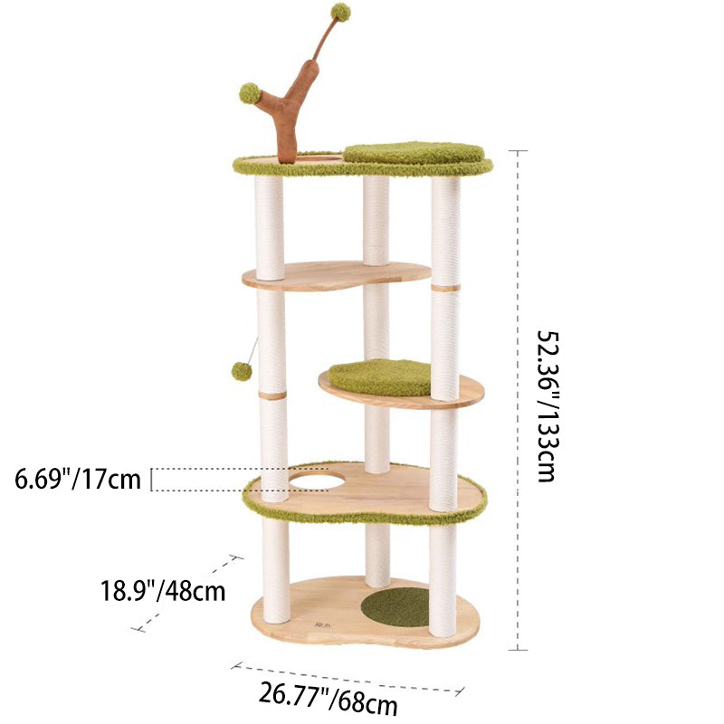 Contemporary Creative Oval Rubberwood Multi-Layer Panel Velvet Fabric Paper Rope Jute Felt Cat Tree 5-Tier For Living Room