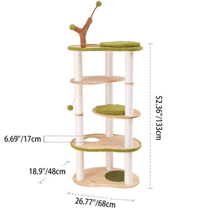 Contemporary Creative Oval Rubberwood Multi-Layer Panel Velvet Fabric Paper Rope Jute Felt Cat Tree 5-Tier For Living Room