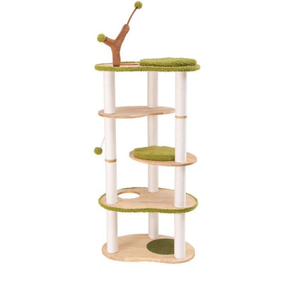Contemporary Creative Oval Rubberwood Multi-Layer Panel Velvet Fabric Paper Rope Jute Felt Cat Tree 5-Tier For Living Room