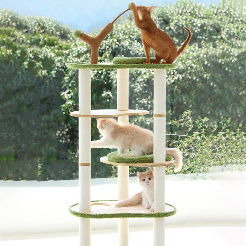 Contemporary Creative Oval Rubberwood Multi-Layer Panel Velvet Fabric Paper Rope Jute Felt Cat Tree 5-Tier For Living Room