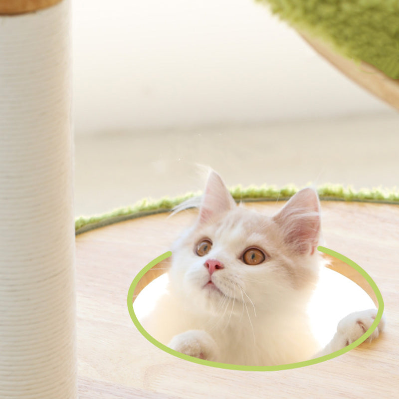 Contemporary Creative Oval Rubberwood Multi-Layer Panel Velvet Fabric Paper Rope Jute Felt Cat Tree 5-Tier For Living Room