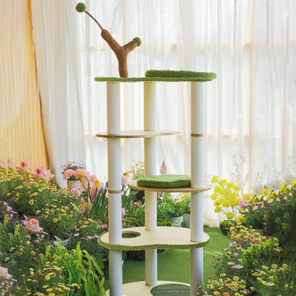 Contemporary Creative Oval Rubberwood Multi-Layer Panel Velvet Fabric Paper Rope Jute Felt Cat Tree 5-Tier For Living Room