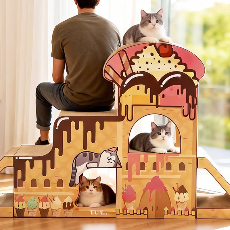 Contemporary Creative Rectangular BB-Grade Thickened Corrugated Cat Tree 3-Tier For Living Room