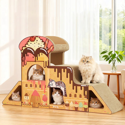 Contemporary Creative Rectangular BB-Grade Thickened Corrugated Cat Tree 3-Tier For Living Room