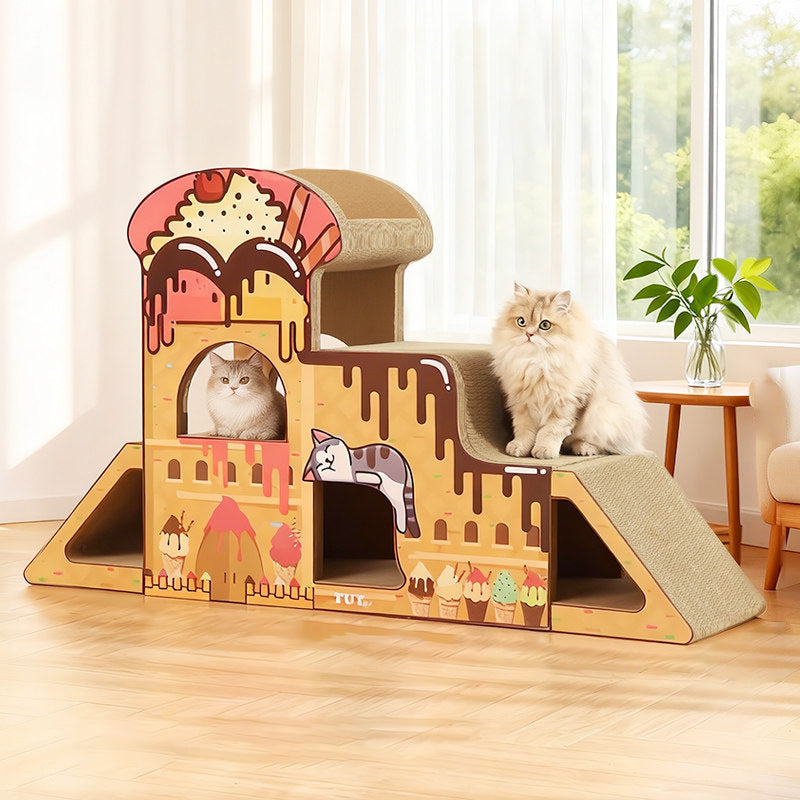 Contemporary Creative Rectangular BB-Grade Thickened Corrugated Cat Tree 3-Tier For Living Room