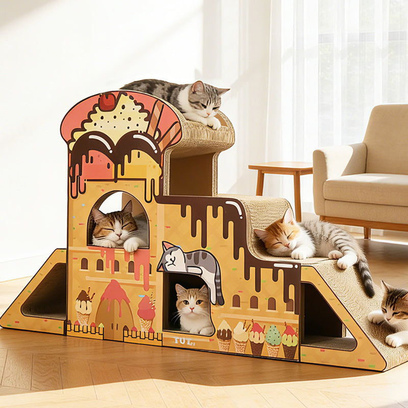 Contemporary Creative Rectangular BB-Grade Thickened Corrugated Cat Tree 3-Tier For Living Room